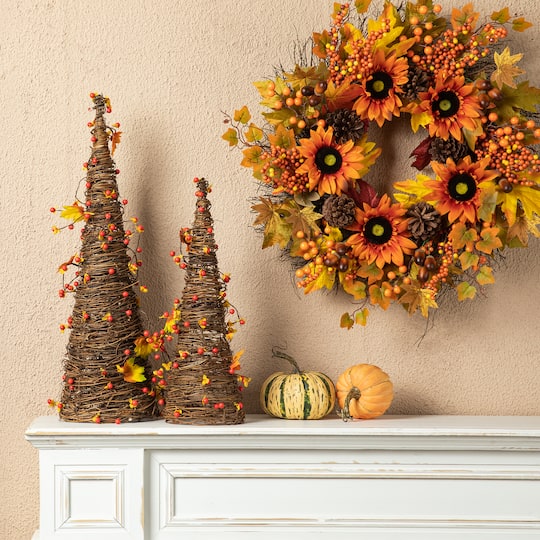 Glitzhome® Rattan Berries & Maple Leaves Table Tree Set